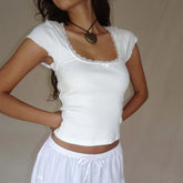 Women's Crop Top Lace Trim T-Shirts