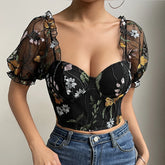 Women's Mesh Flower Embroidery Corset Crop Tops T-Shirts