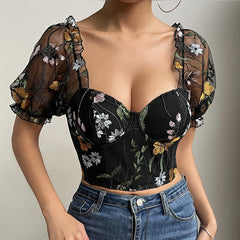 Women's Mesh Flower Embroidery Corset Crop Tops T-Shirts