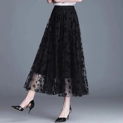 Women's Mesh Overlay Floral Skirts (Midi)