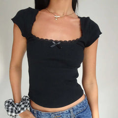 Women's Crop Top Lace Trim T-Shirts
