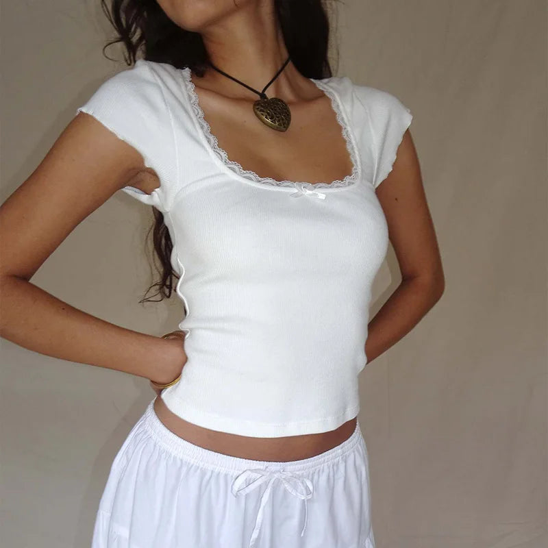 Women's Crop Top Lace Trim T-Shirts