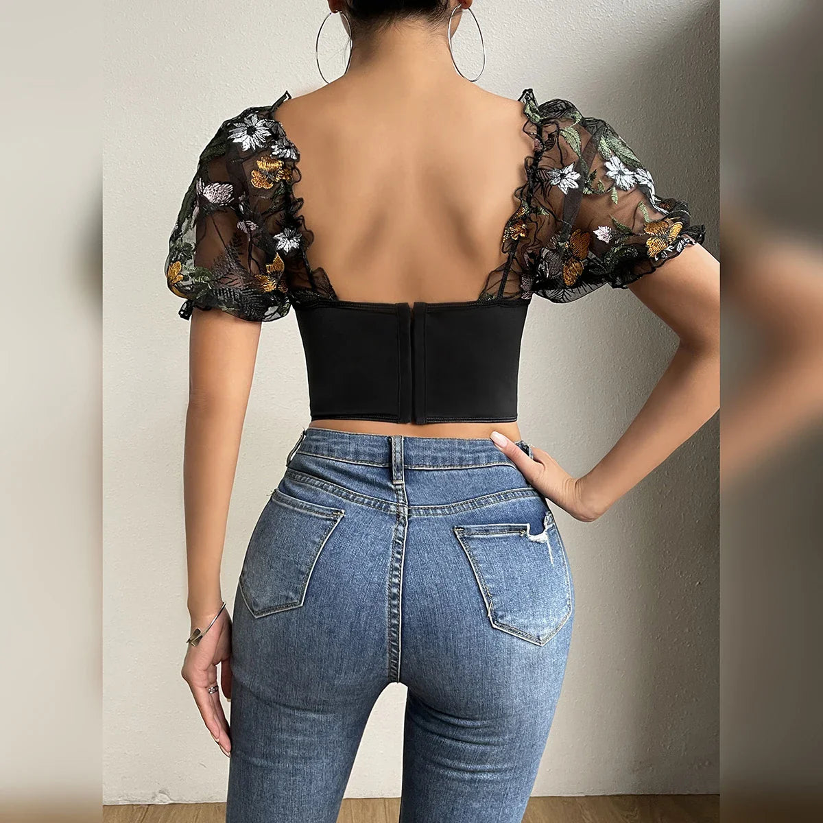 Women's Mesh Flower Embroidery Corset Crop Tops T-Shirts