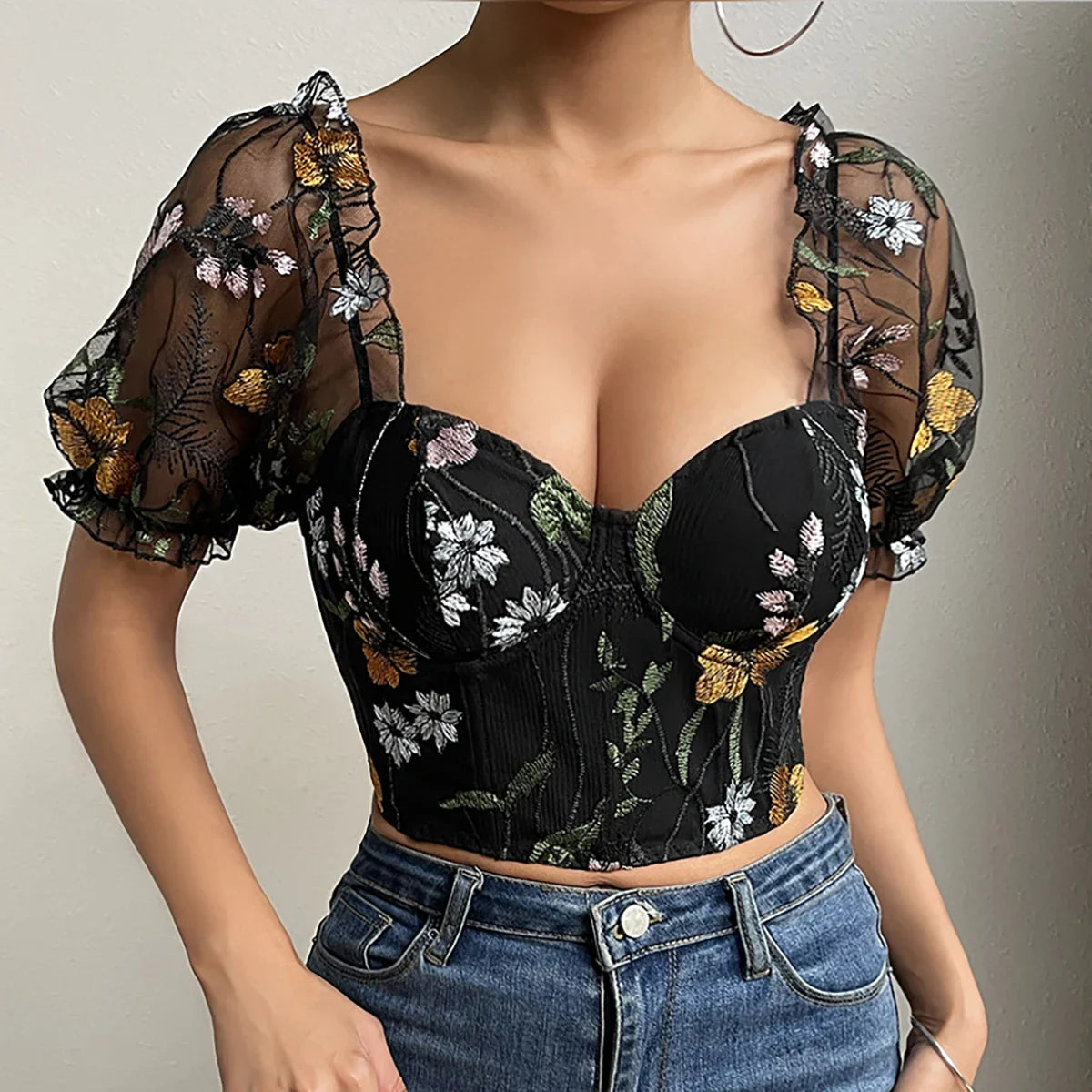 Women's Mesh Flower Embroidery Corset Crop Tops T-Shirts