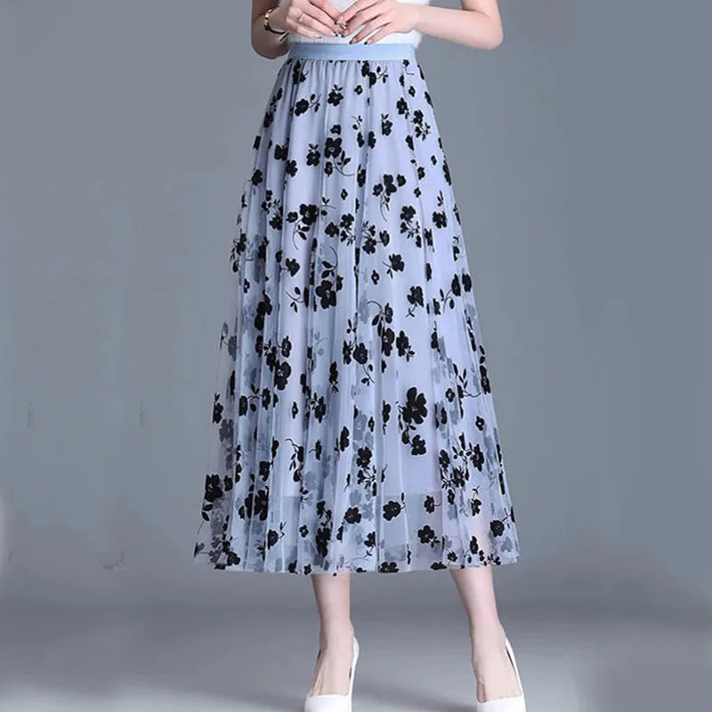 Women's Mesh Overlay Floral Skirts (Midi)