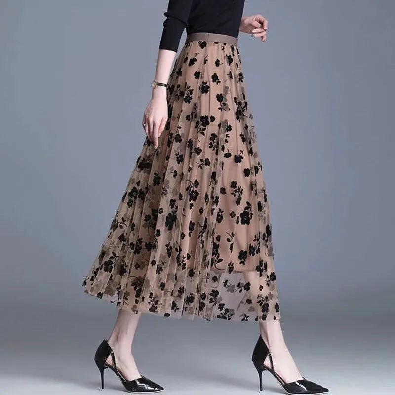 Women's Mesh Overlay Floral Skirts (Midi)
